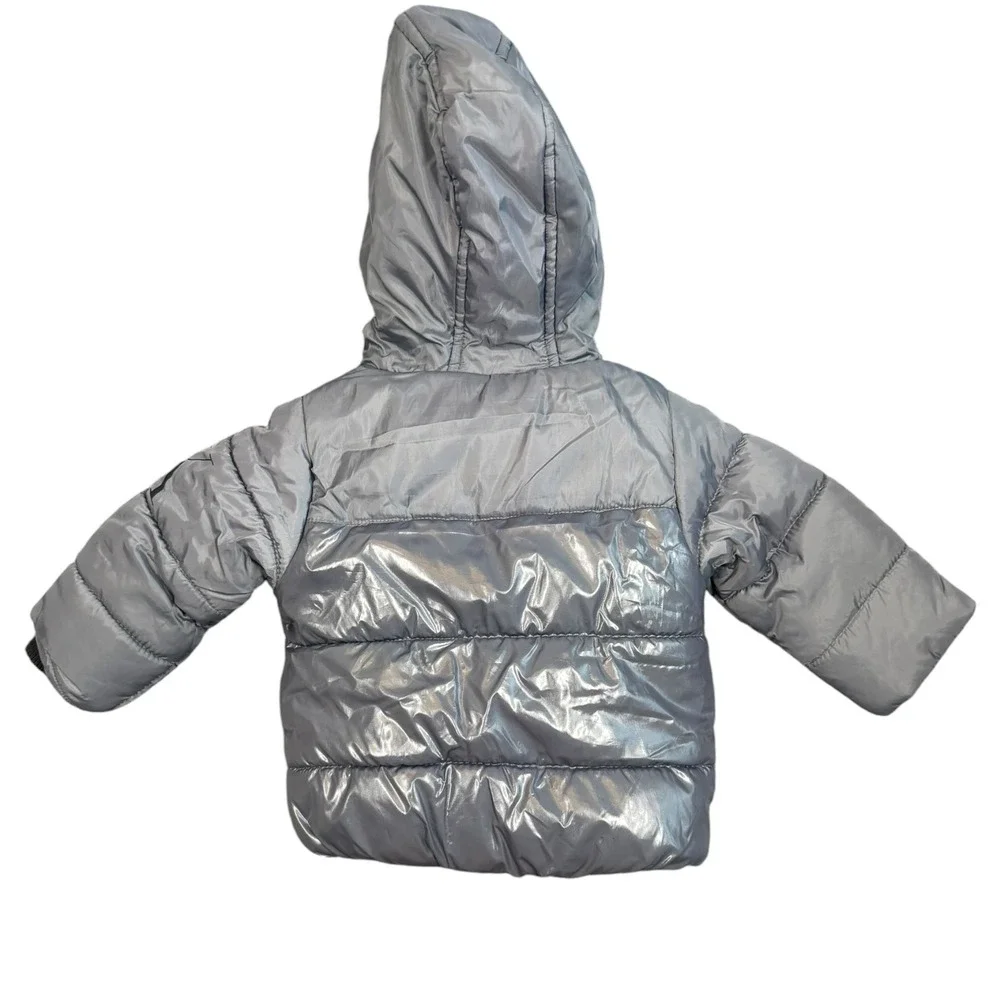 Calvin Klein Jeans Puffer Jacket Baby 12M Silver Metallic Hooded CK Logo Coat